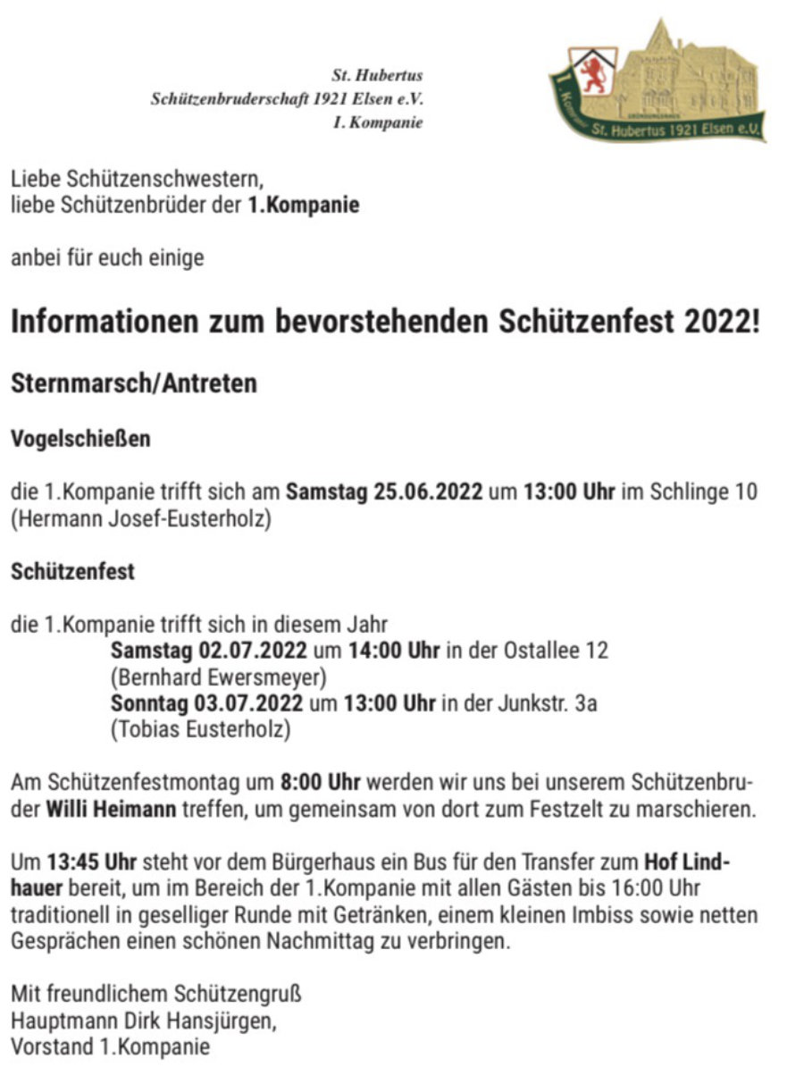 Informationen zum bevorstehenden Schuetzenfest 2022